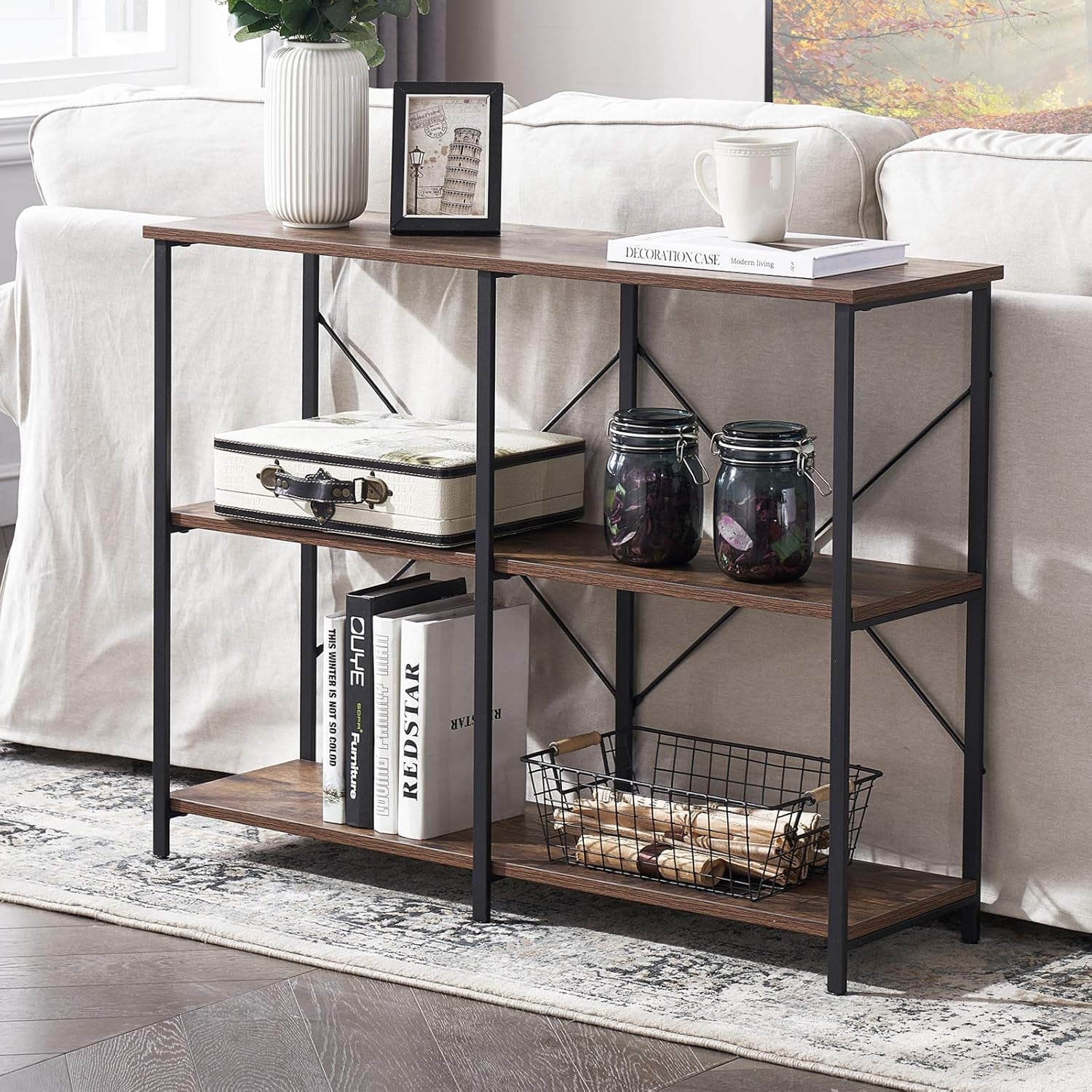 Entryway/Console Table for Living Room, Industrial Narrow Sofa Table with 3-Tier Storage Open Shelves, 39 Inch Rustic Brown