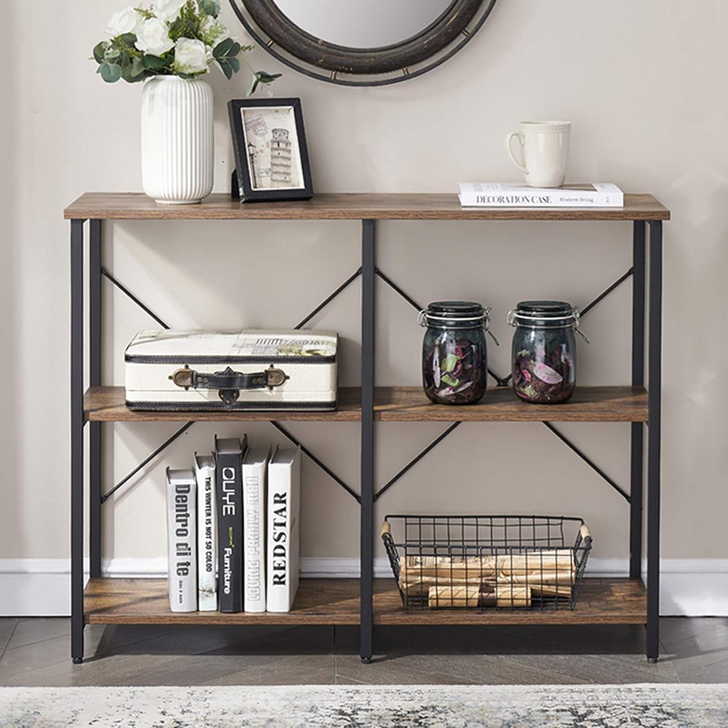 Entryway/Console Table for Living Room, Industrial Narrow Sofa Table with 3-Tier Storage Open Shelves, 39 Inch Rustic Brown